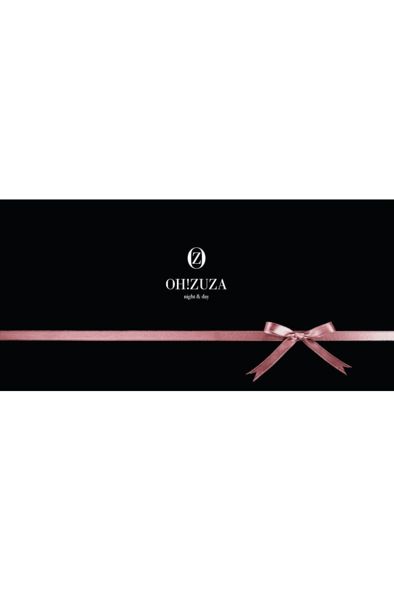 Na czarnym tle widnieje logo OH!ZUZU oraz napis "night & day" w kolorze białym, z poziomą różową wstążką i kokardką - idealny jako prezent na każdą okazję. Karta podarunkowa - 100 zł dostępna w tym sklepie internetowym.