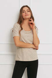 Loungewear bluzka z Tencelu z krótkim rękawem - beżowy melanż