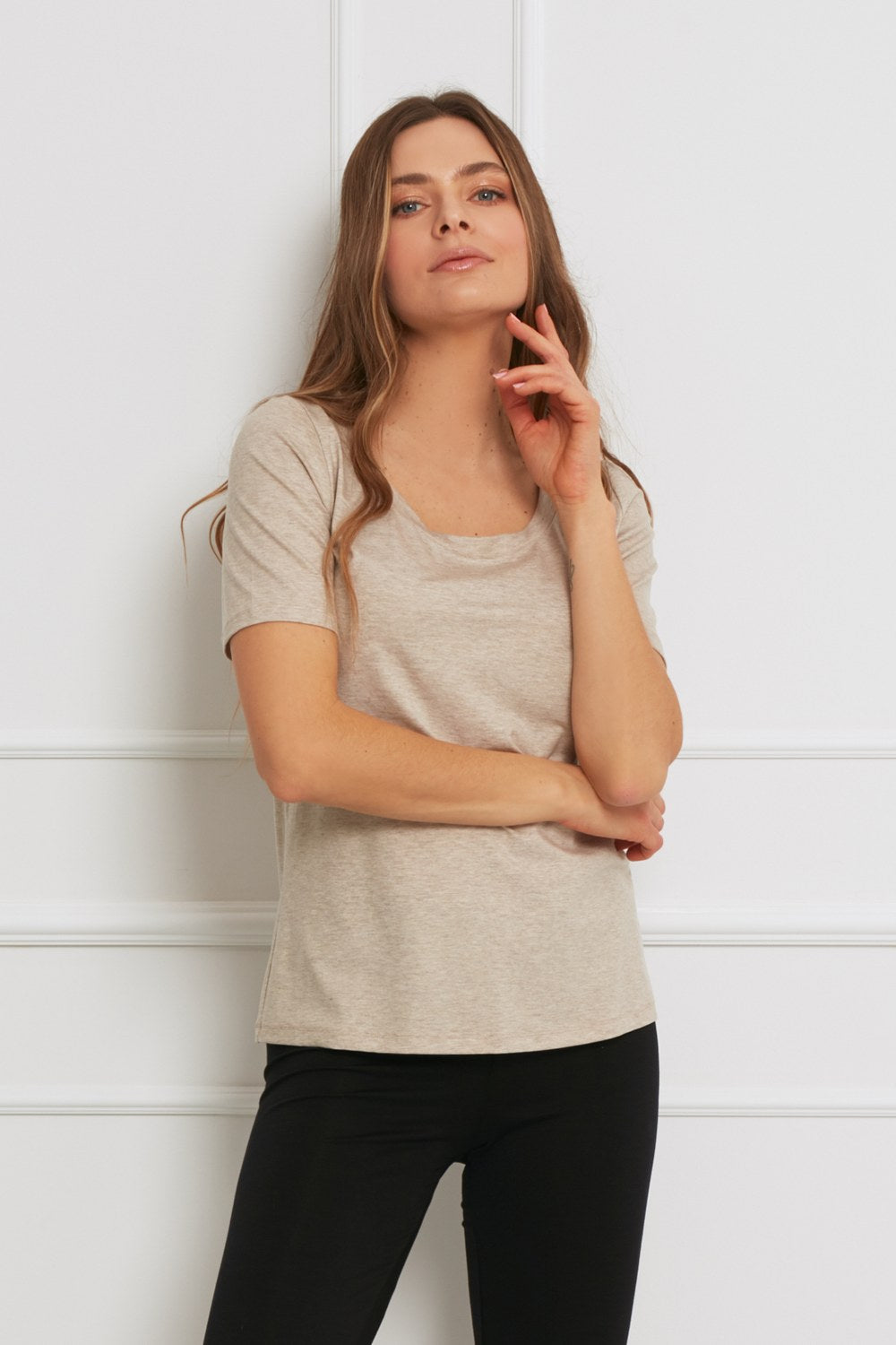 Loungewear bluzka z Tencelu z krótkim rękawem - beżowy melanż