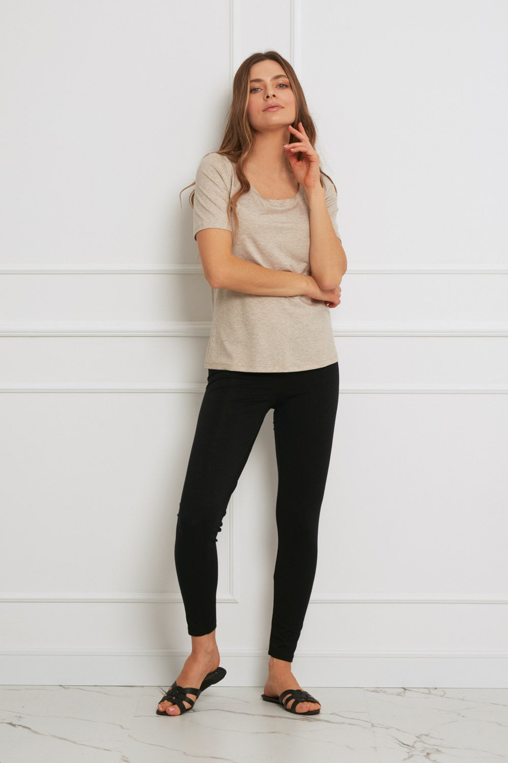 Loungewear bluzka z Tencelu z krótkim rękawem - beżowy melanż_4