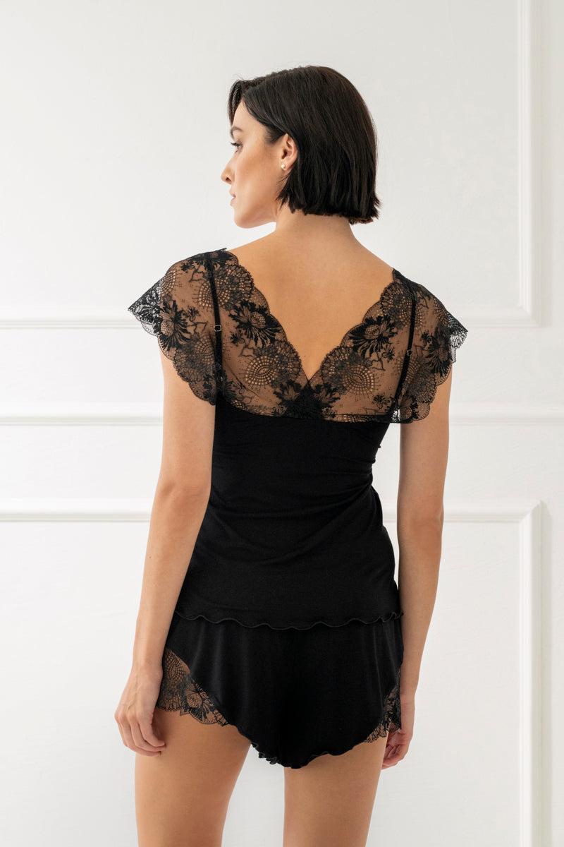 Women's Glow Pajama Set with Lace Detail - Inky Black