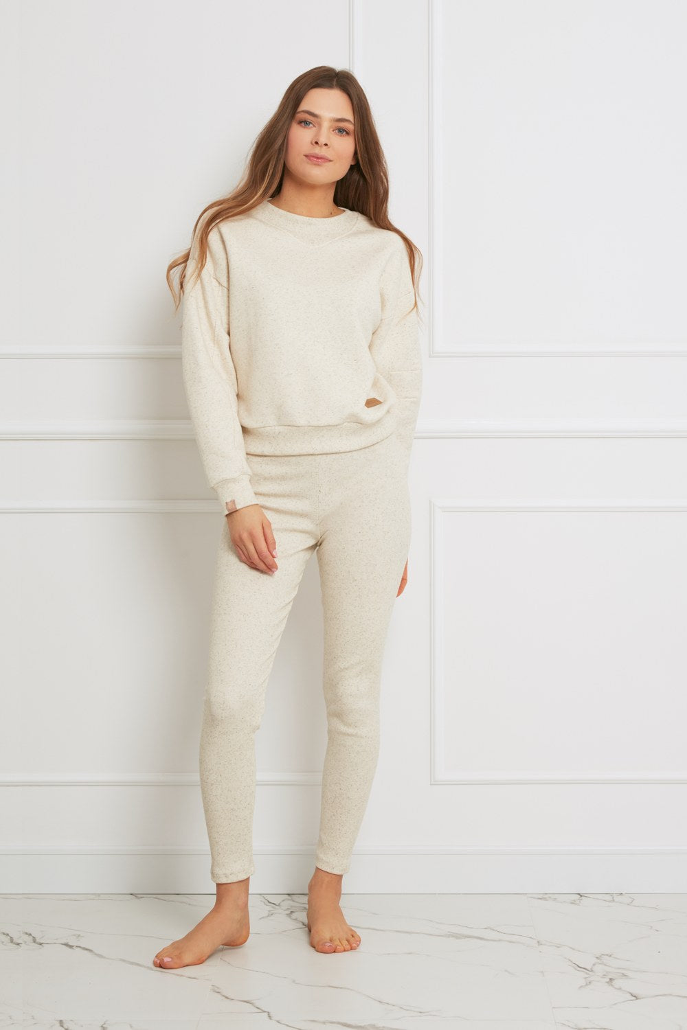 Loungewear bawełniane legginsy w prążek - jasny beżowy melanż_3