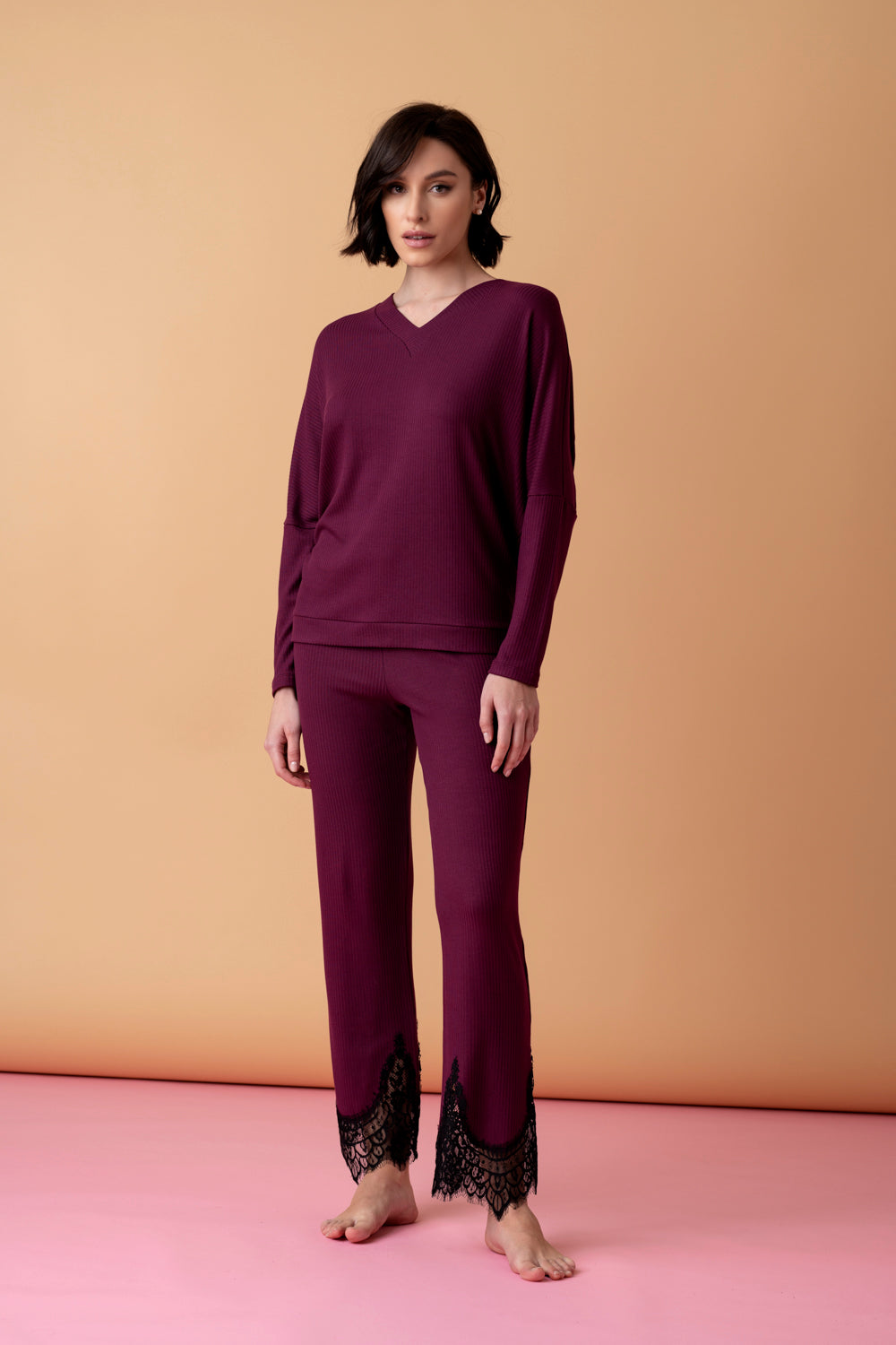 Opera długa piżama z koronką – merlot_5