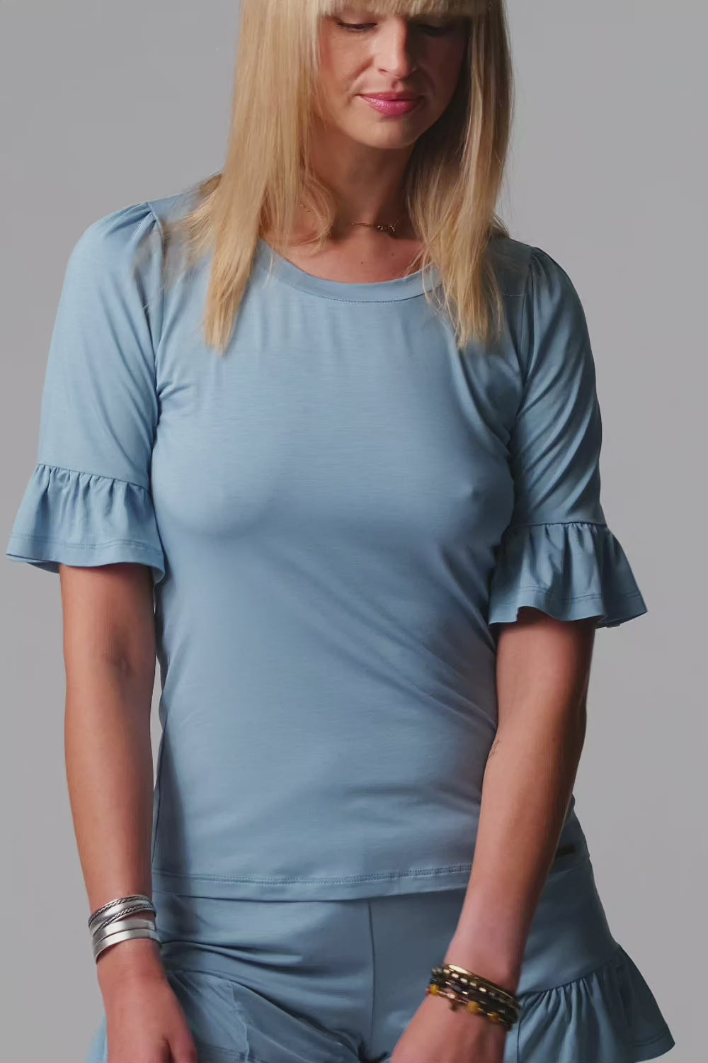 Load video: Jackie Short Ruffle Loungewear Pajama – Water