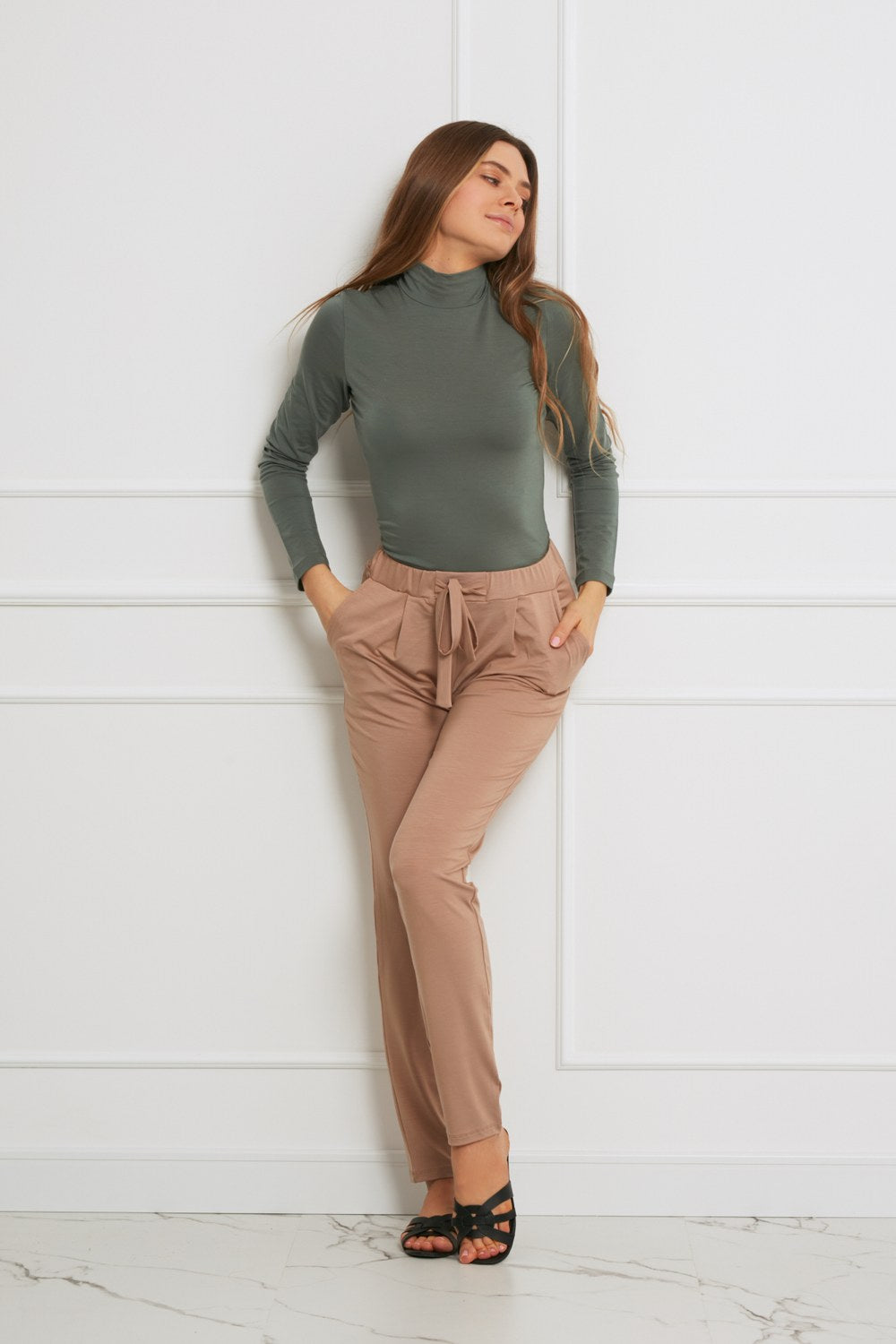 Loungewear spodnie z Tencelu z troczkami - camel_4