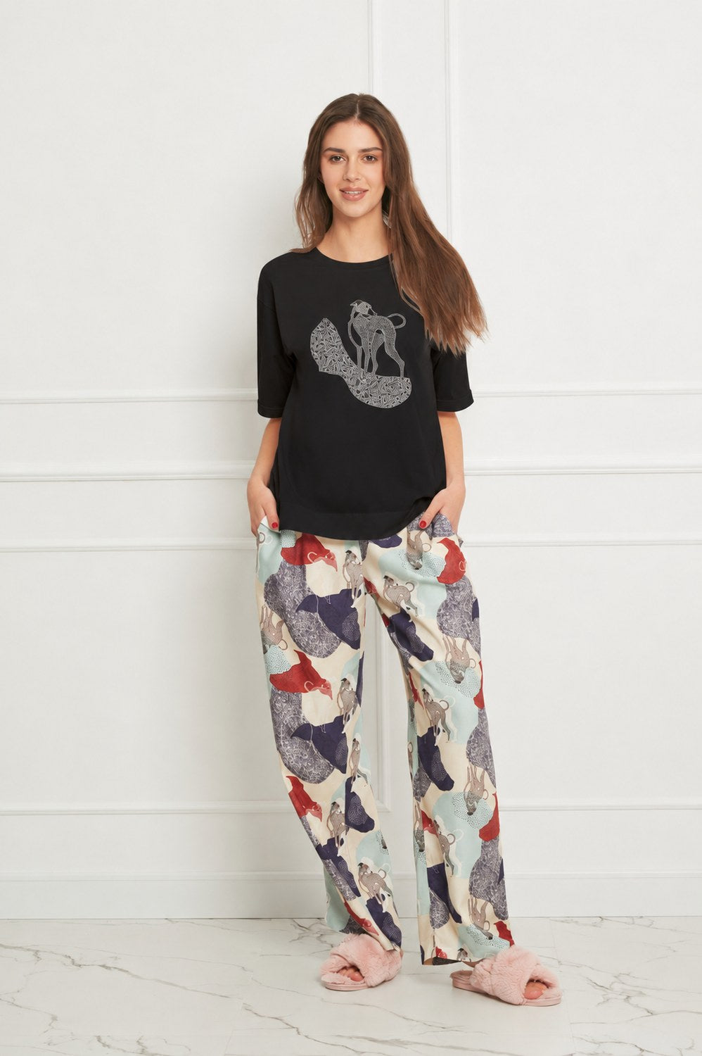 Loungewear bawełniany T-shirt oversize z nadrukiem whippeta - czarny